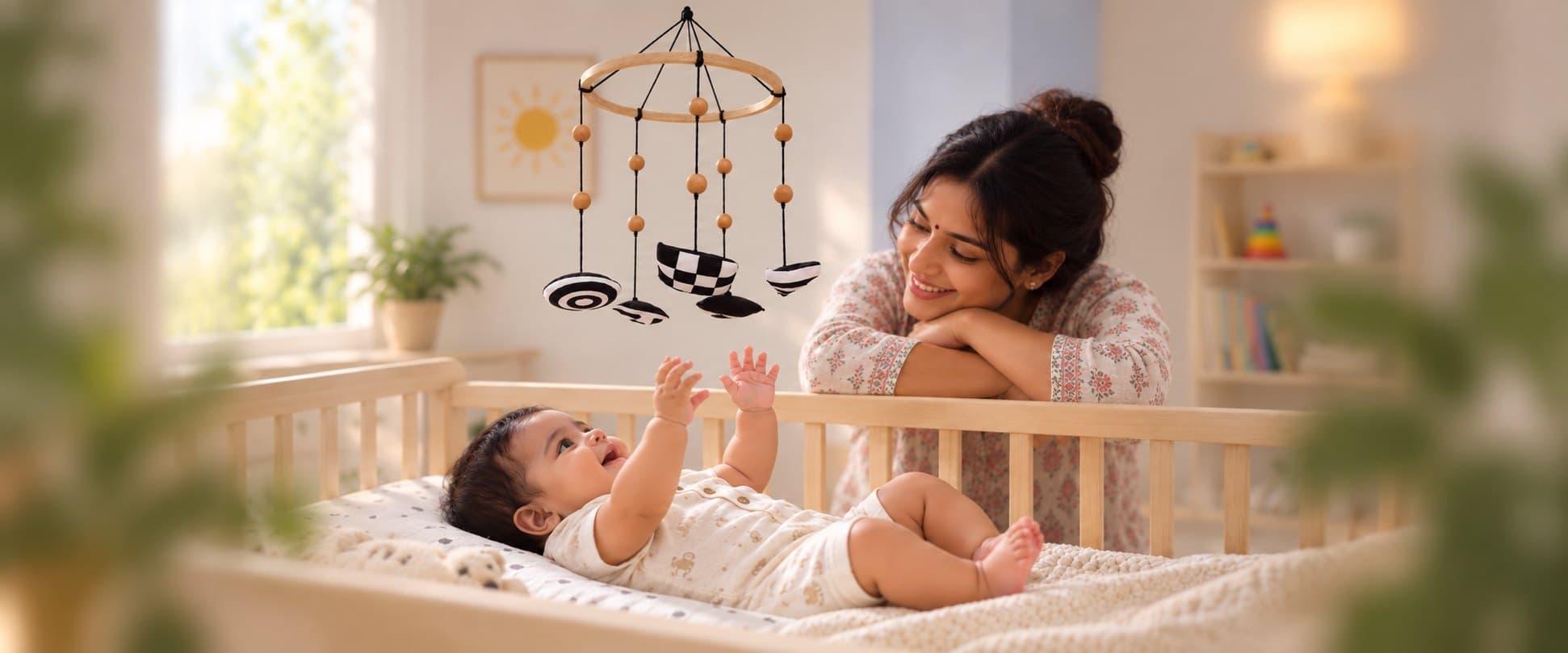 A mother smiling at her newborn, who reaches up towards a wooden mobile with black-and-white shapes