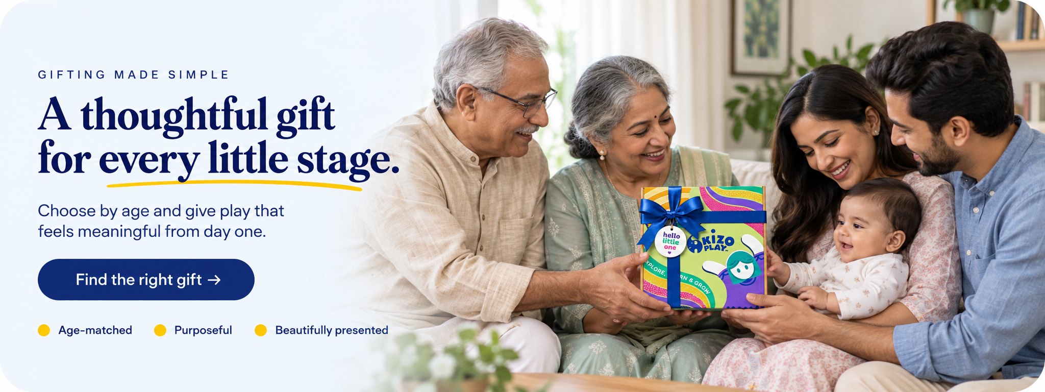 A thoughtful gift for every little stage. A family gives a KizoPlay gift box to a smiling baby.